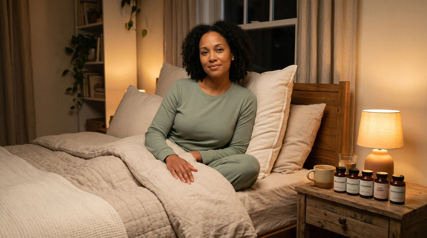 woman in her early 40s with warm caramel complexion wearing a soft sage-green sleep set — Natural Rhythm Nutrition