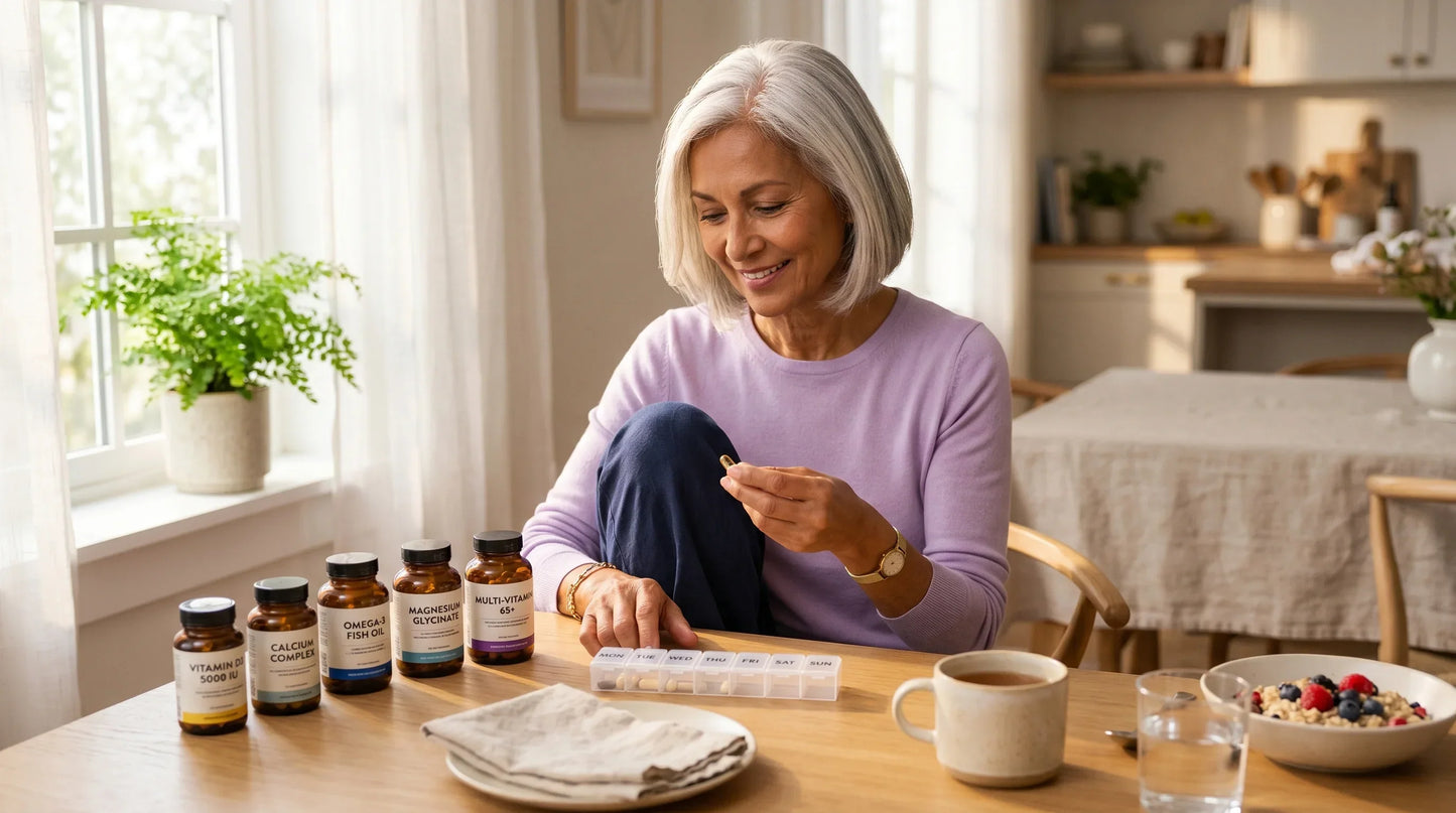 woman in her late 60s with warm tan complexion and silver bob haircut wearing a soft lavender long-sleeve top and navy l — Natural Rhythm Nutrition