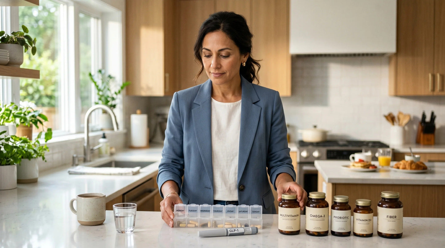 woman in her mid-40s with warm olive complexion wearing a structured dusty-blue blazer and white blouse — Natural Rhythm Nutrition