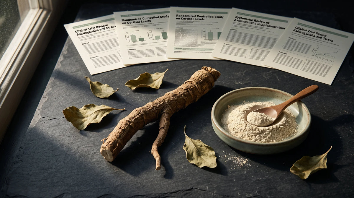 tabletop composition on a dark slate surface: a thick ashwagandha root lying diagonally - Natural Rhythm Nutrition