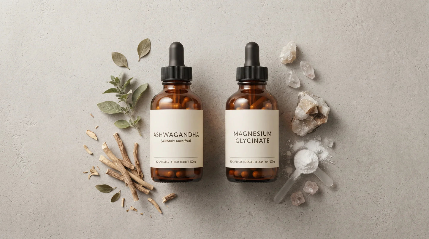 two elegant amber glass supplement bottles side by side on a light grey concrete surface - one labeled 'Ashwagandha' and - Natural Rhythm Nutrition