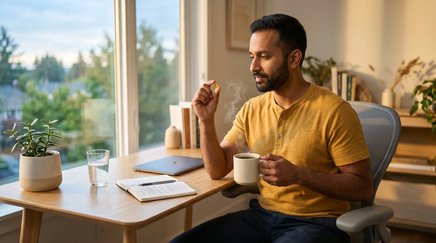 man in his early 30s with warm South-Asian complexion wearing a clean mustard-yellow short-sleeve henley and dark slim c — Natural Rhythm Nutrition