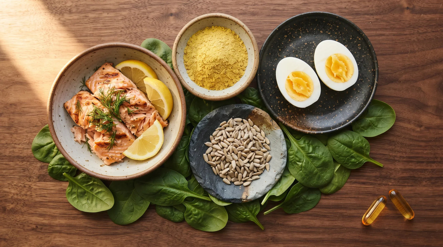arrangement of B-vitamin-rich foods on a warm walnut wood surface: two sliced hard-boiled eggs - Natural Rhythm Nutrition