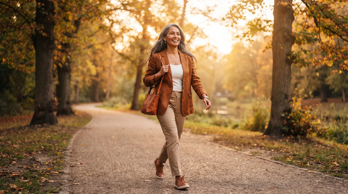 woman in her early 50s with warm medium complexion and silver-streaked dark hair loose over shoulders - Natural Rhythm Nutrition