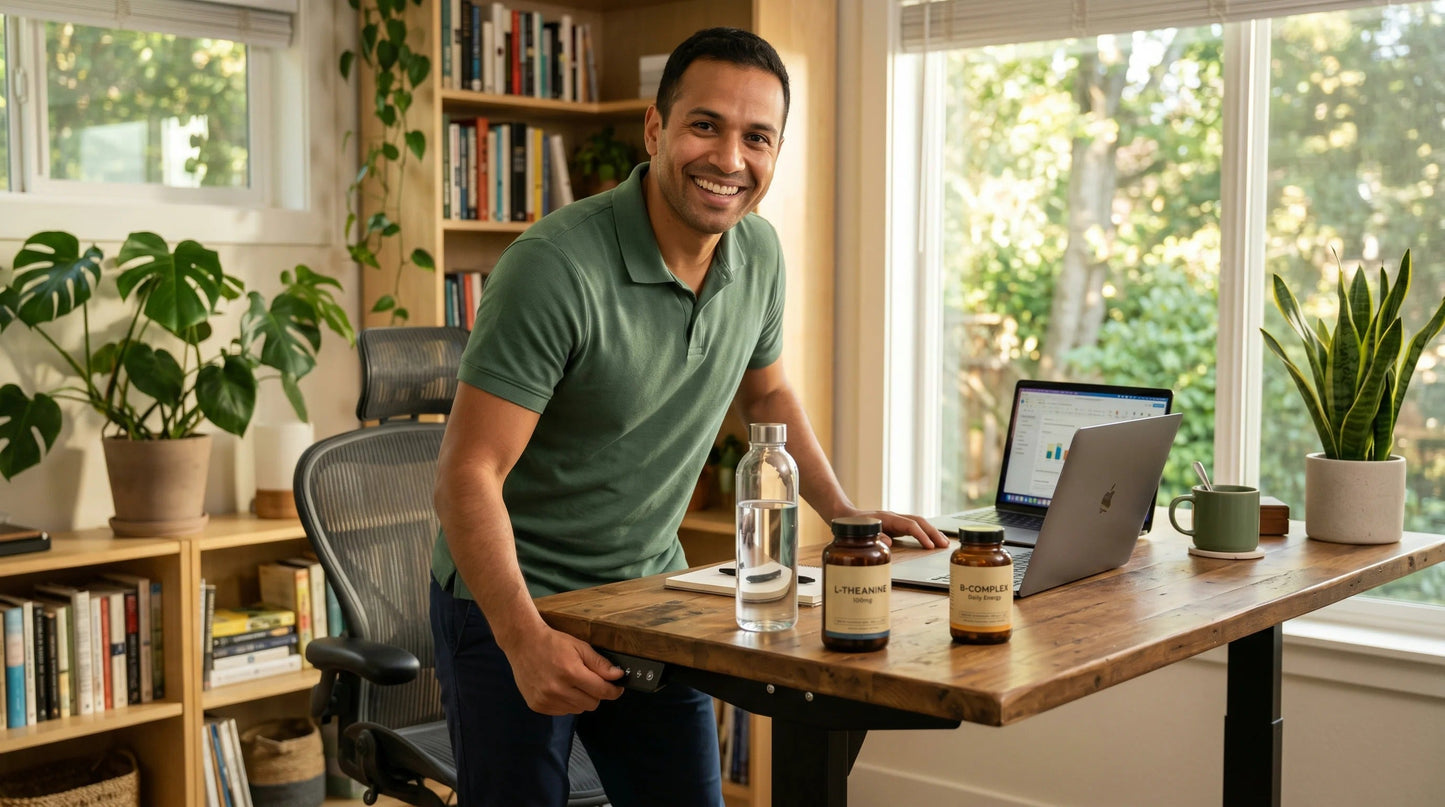 man in his mid-30s with warm medium complexion wearing a soft forest-green polo shirt and dark chinos — Natural Rhythm Nutrition