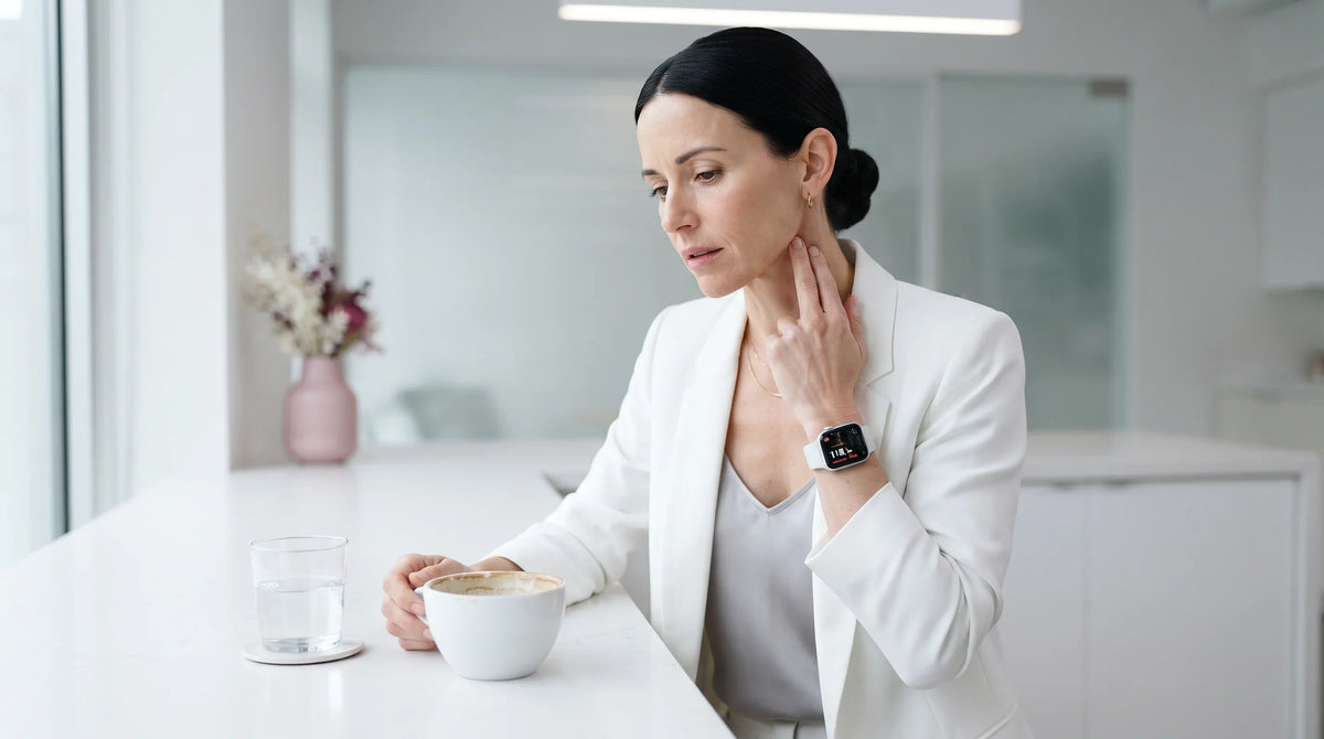 woman in her early 40s with cool fair complexion and dark straight hair in a low bun - Natural Rhythm Nutrition