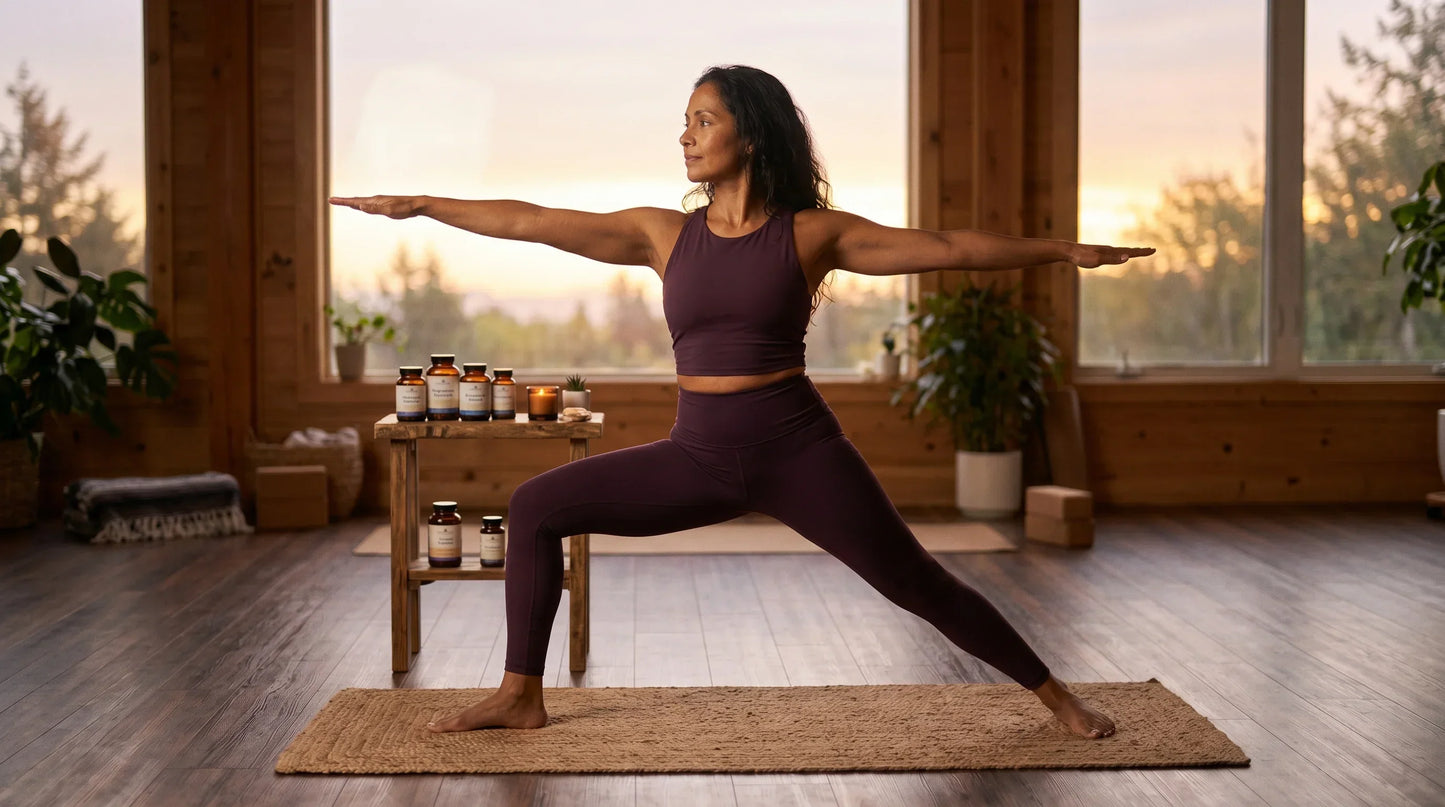 woman in her late 40s with warm caramel complexion and dark hair loose on her shoulders wearing a deep plum performance — Natural Rhythm Nutrition