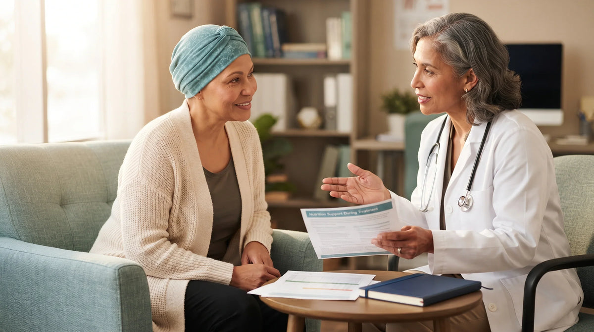 woman in her mid-50s with medium warm complexion wearing a soft teal head wrap and cream cardigan - Natural Rhythm Nutrition