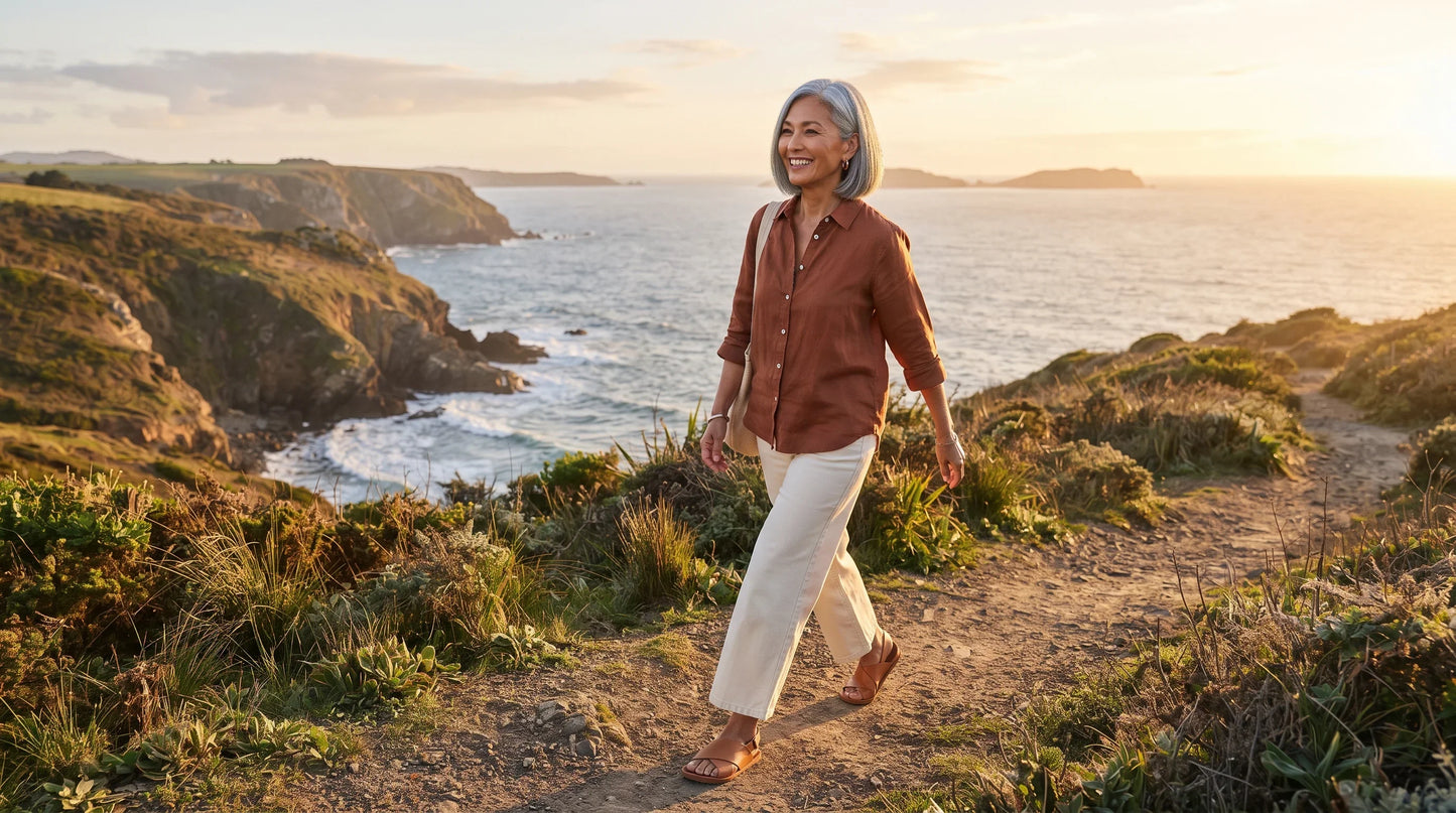 woman in her early 60s with warm honey complexion and silver-grey hair in a sleek bob - Natural Rhythm Nutrition