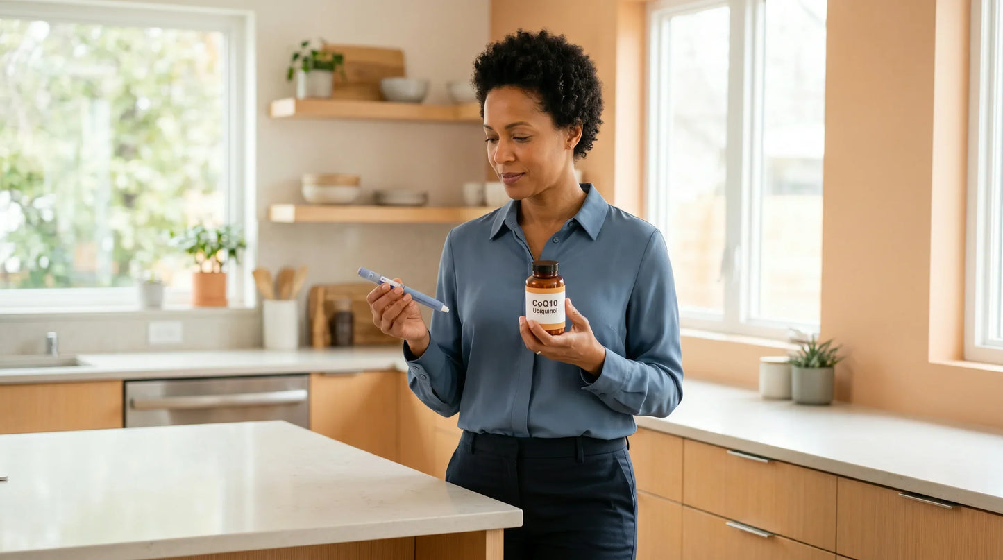 woman in her mid-40s with warm caramel complexion wearing a structured steel-blue blouse and dark slim trousers — Natural Rhythm Nutrition
