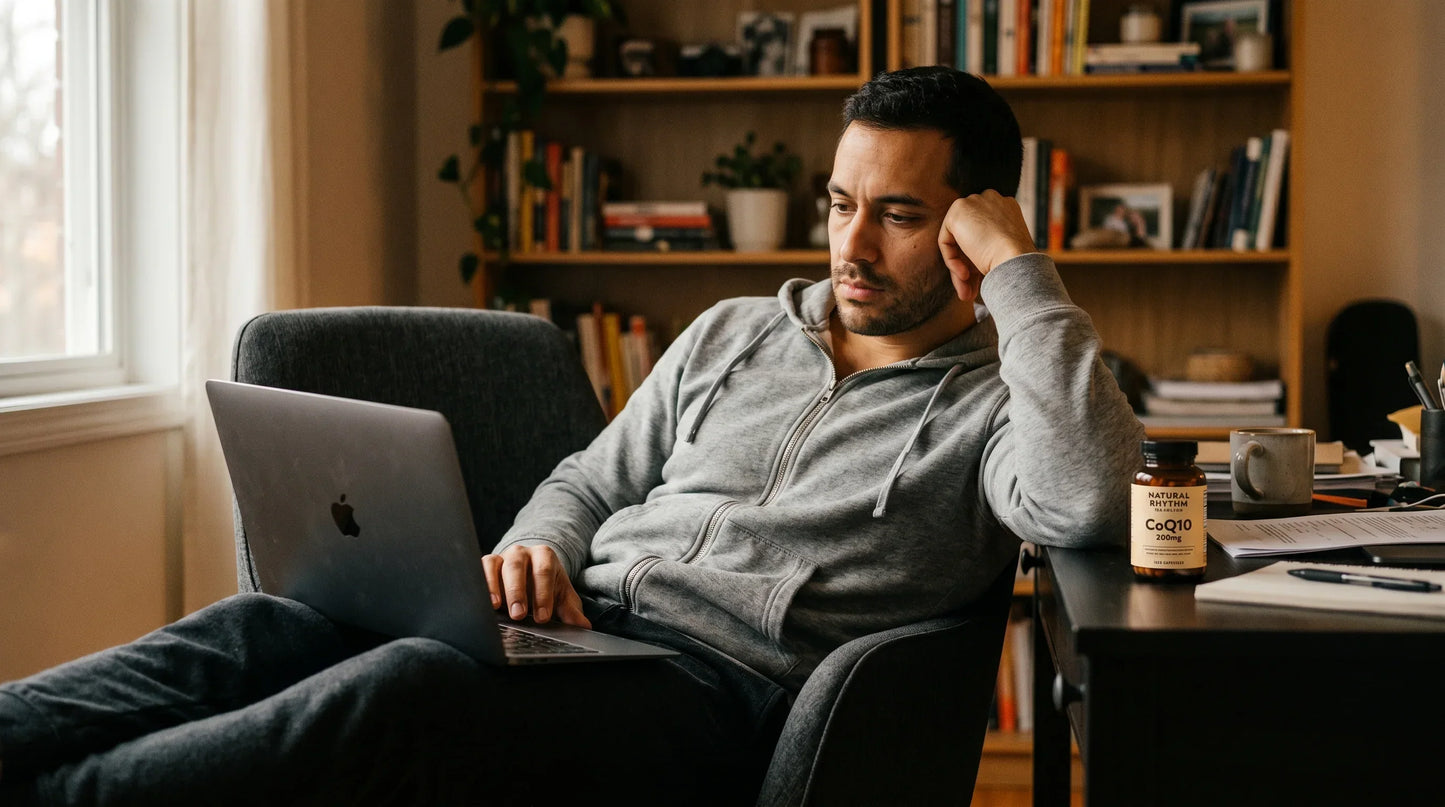 man in his early 30s with warm olive complexion wearing a soft heather-grey zip-up hoodie and dark joggers — Natural Rhythm Nutrition