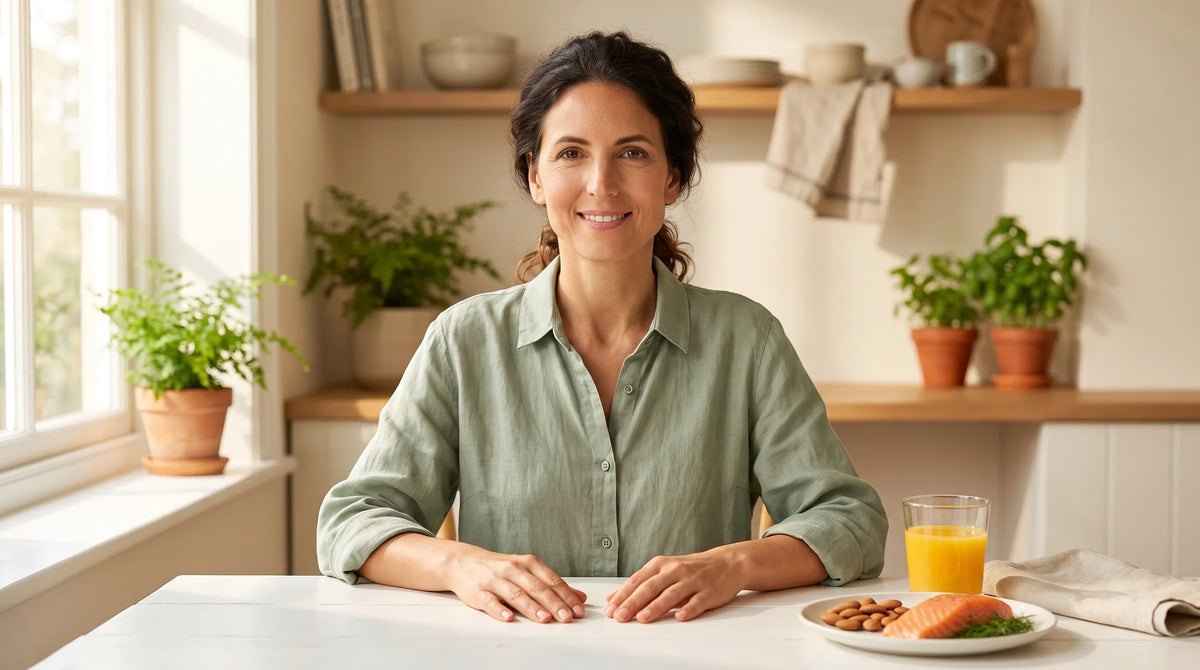 woman in her mid-40s with light olive skin tone wearing a soft sage green linen blouse - Natural Rhythm Nutrition
