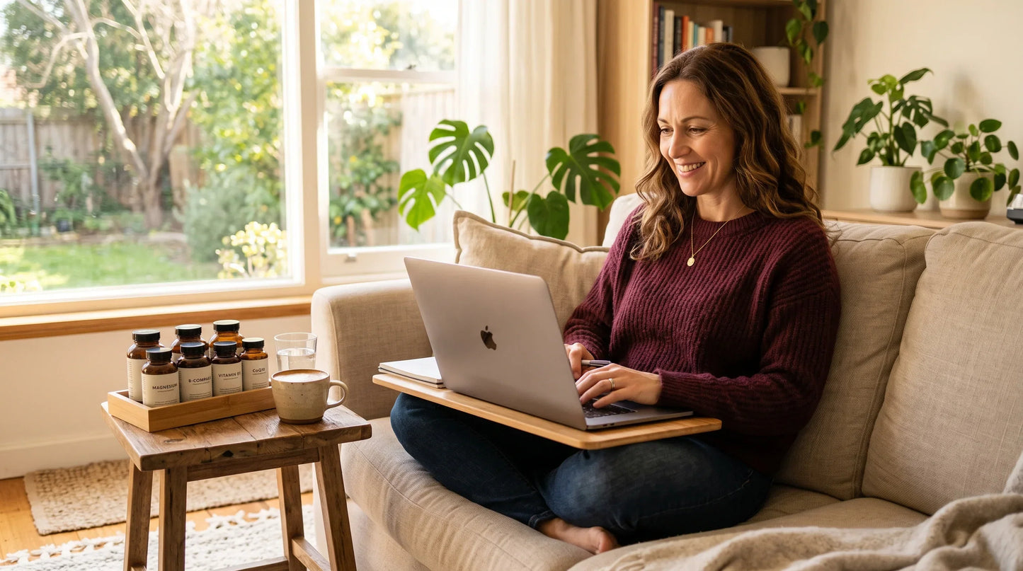 woman in her early 40s with warm beige complexion and wavy chestnut hair loose - Natural Rhythm Nutrition
