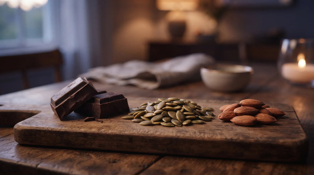 A square of dark chocolate on a wooden board next to pumpkin seeds and almonds - Natural Rhythm Nutrition
