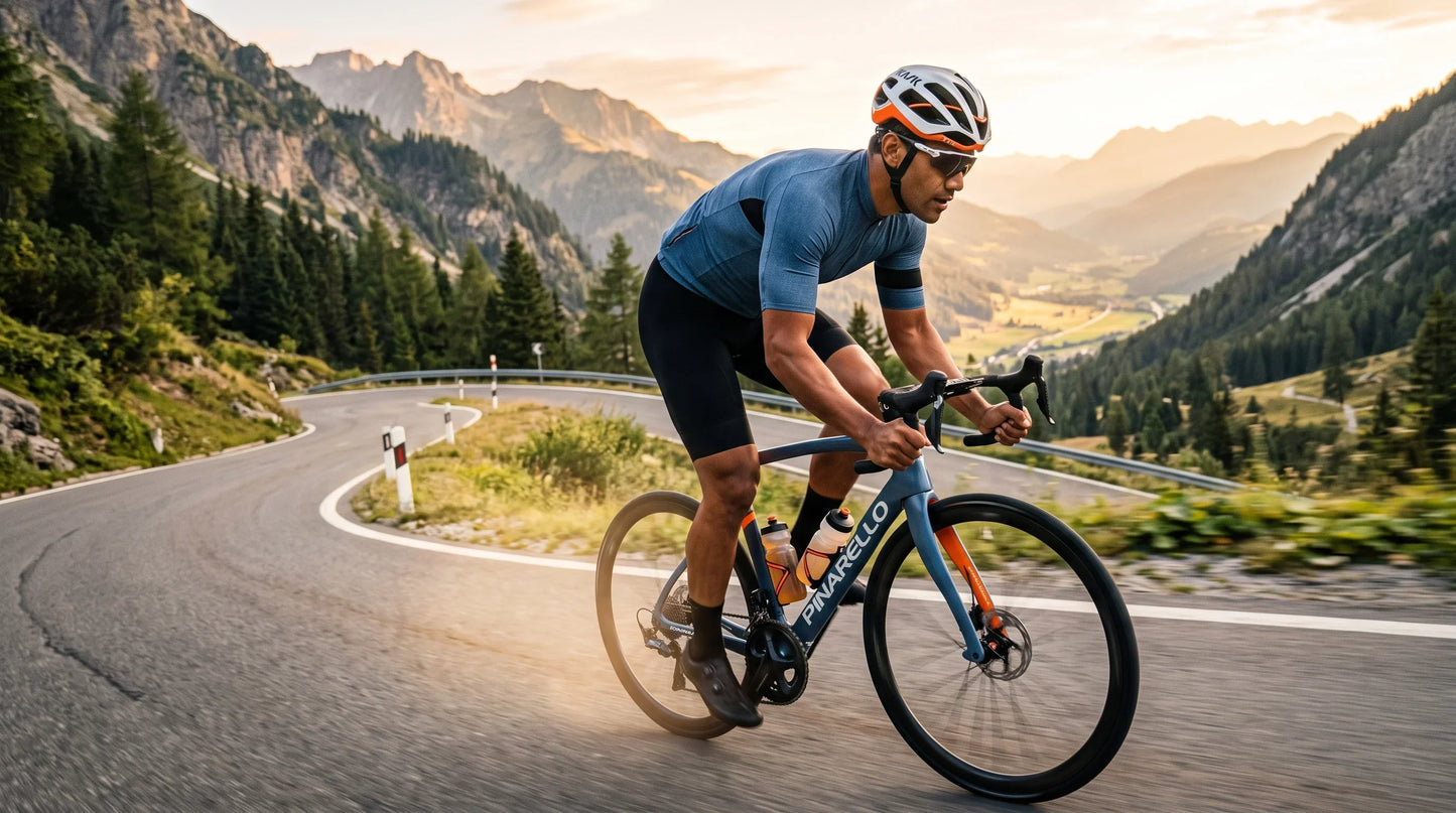man in his early 30s with warm Pacific Islander complexion and strong build wearing a denim-blue cycling jersey and blac - Natural Rhythm Nutrition