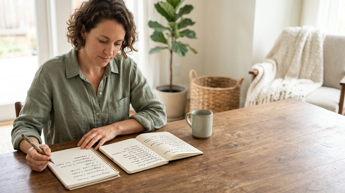 An adult comparing two handwritten magnesium label checklists at - Natural Rhythm Nutrition