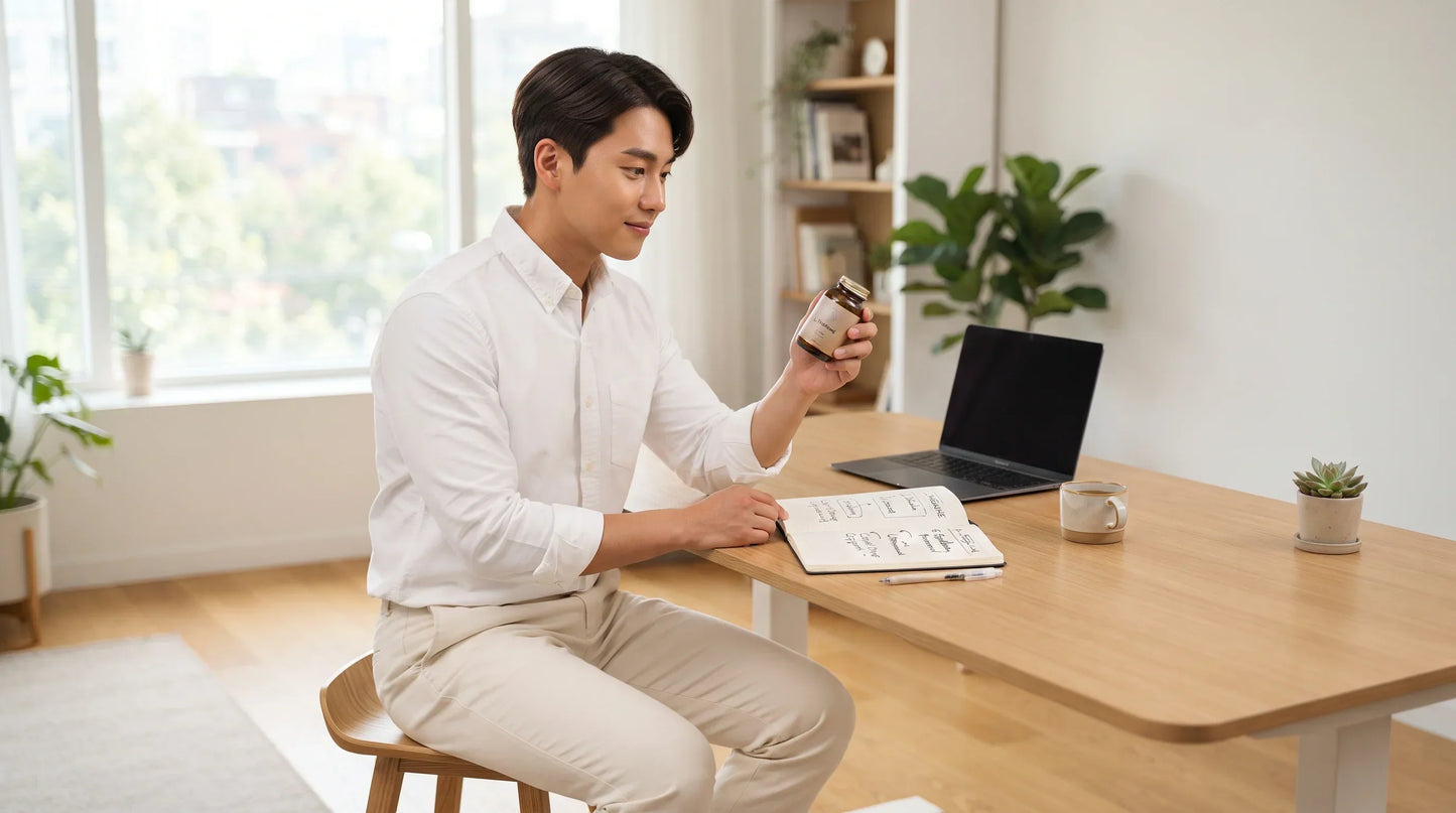 young man in his mid-20s with warm Korean complexion and neat side-parted dark hair - Natural Rhythm Nutrition