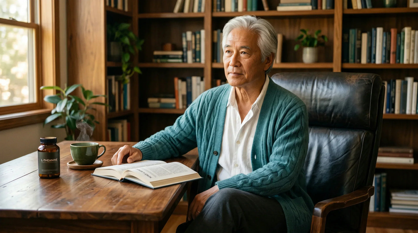 man in his mid-70s with warm East-Asian complexion and silver-white hair wearing a soft teal cashmere cardigan and relax — Natural Rhythm Nutrition