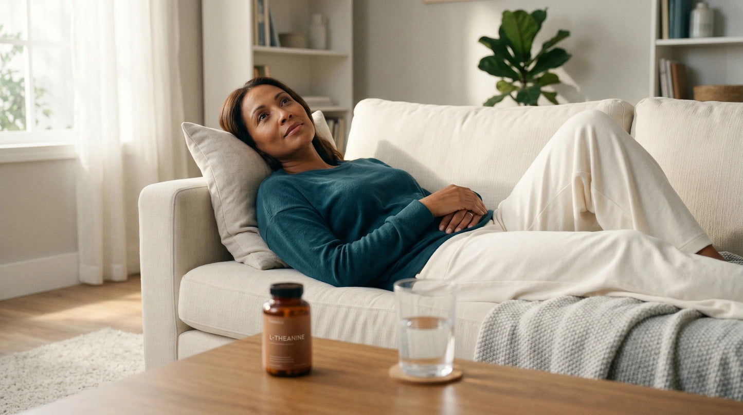 woman in her mid-40s with warm caramel complexion wearing a soft deep-teal long-sleeve lounge top and ivory wide-leg tro — Natural Rhythm Nutrition