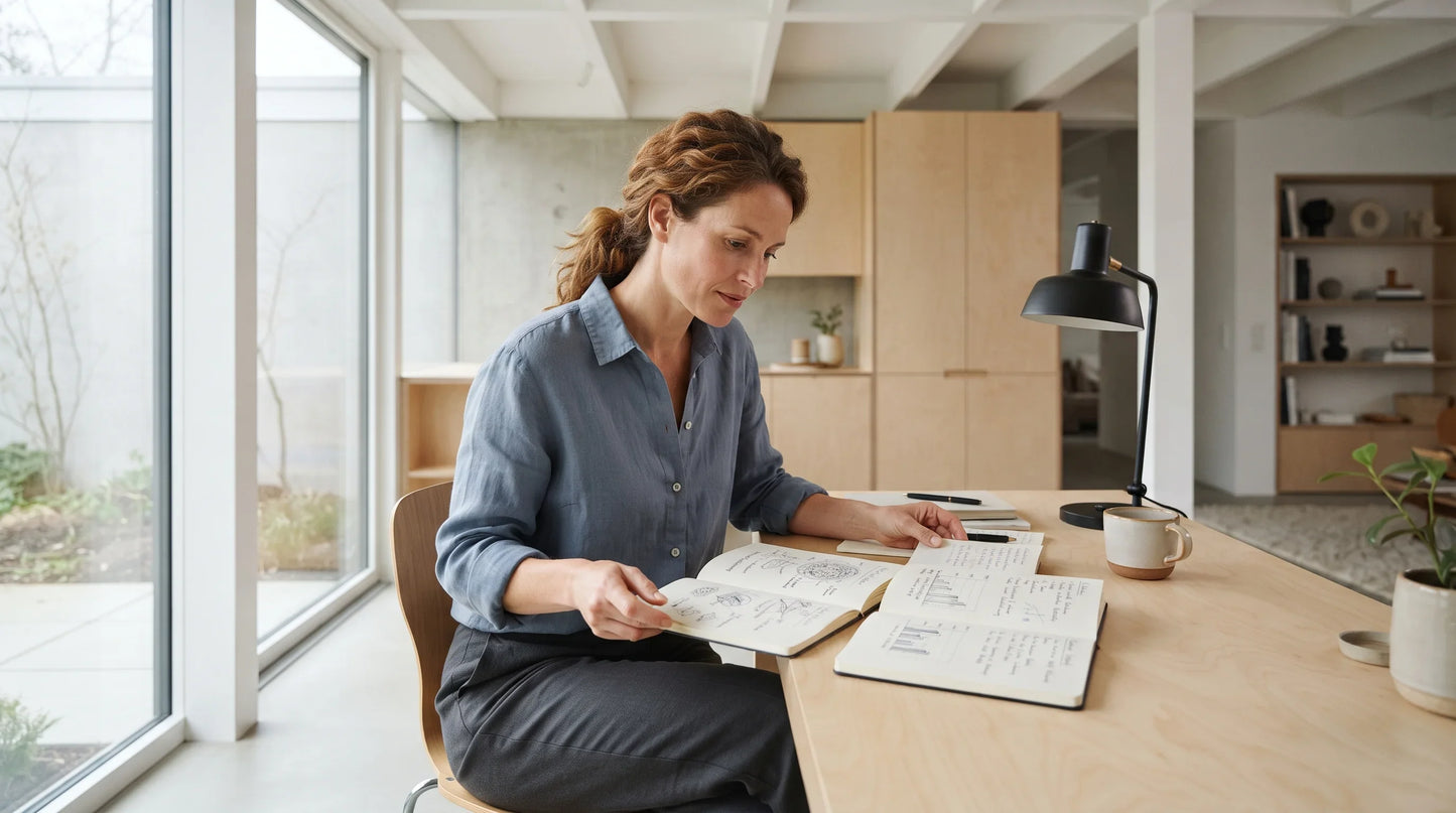 An adult comparing nutrition notes at a bright - Natural Rhythm Nutrition