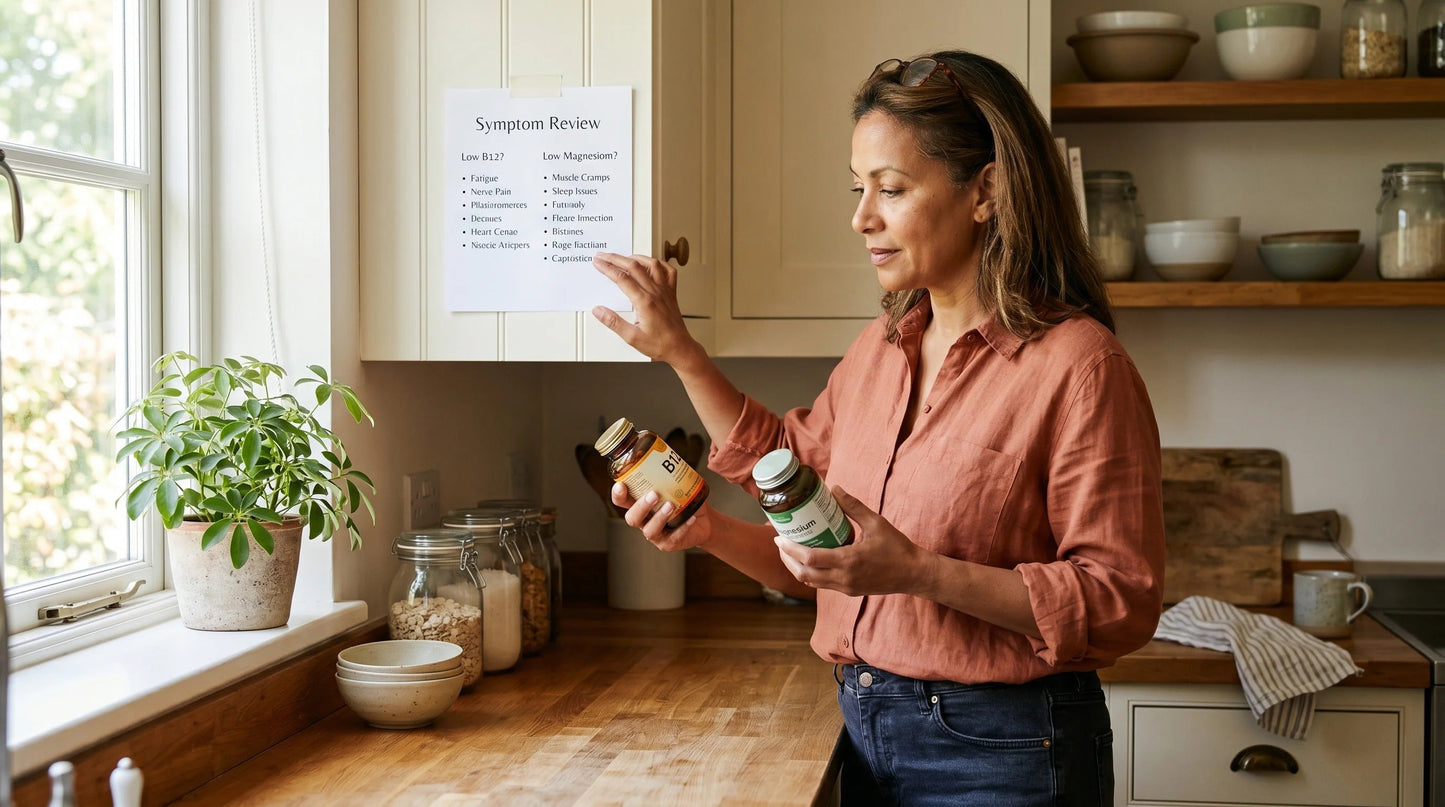 woman in her early 50s with warm medium complexion and reading glasses pushed up on her nose wearing a soft terracotta b — Natural Rhythm Nutrition