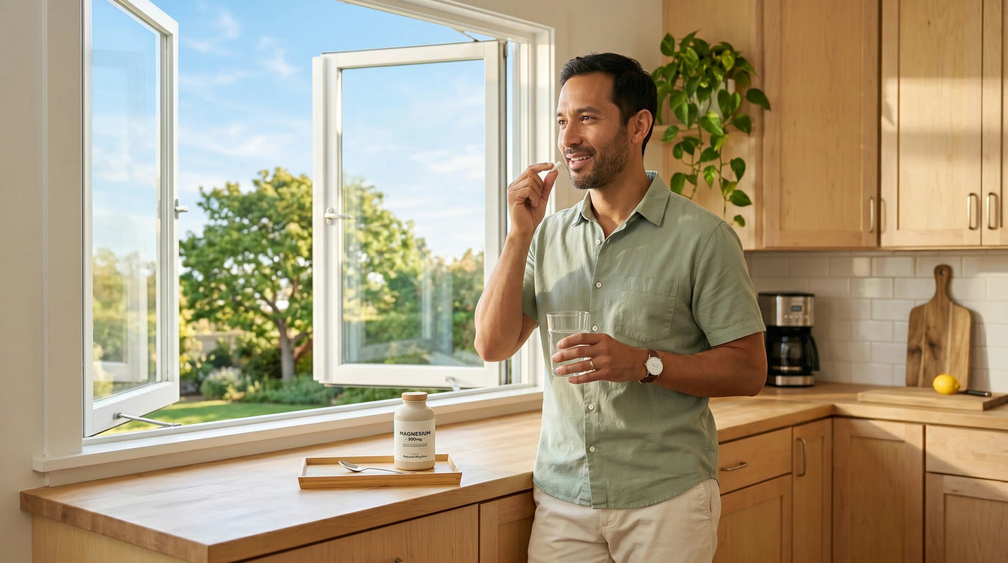 man in his early 40s with warm light-olive complexion wearing a soft sage-green short-sleeve shirt and relaxed chinos — Natural Rhythm Nutrition