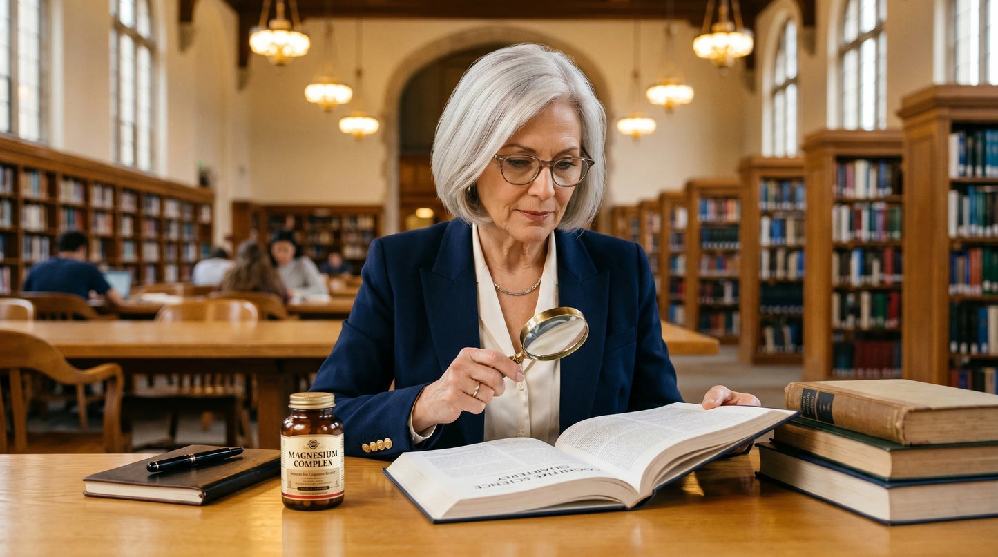 woman in her late 60s with warm ivory complexion and neat silver hair wearing a structured navy academic blazer and ivor — Natural Rhythm Nutrition