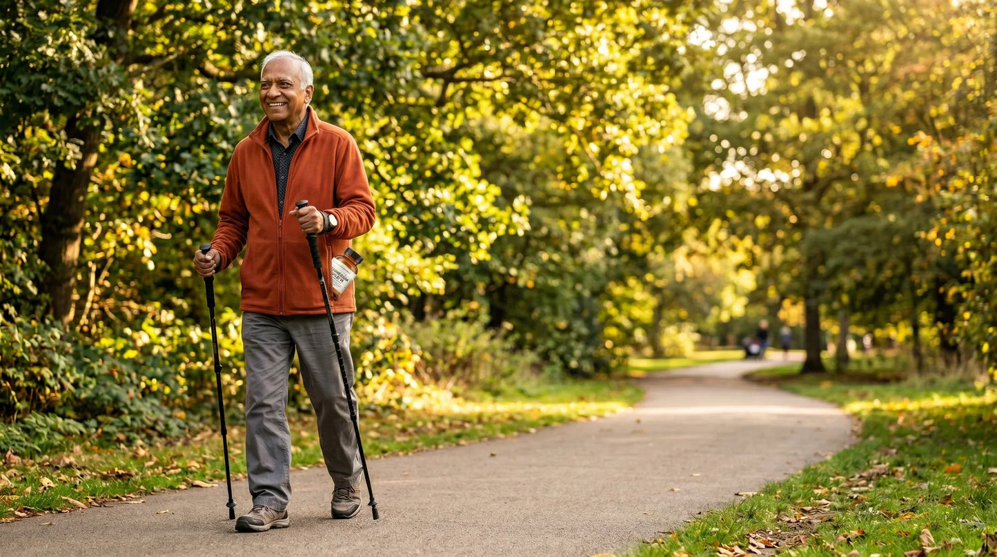 man in his early 70s with warm brown South Asian complexion and short white hair wearing a warm rust-orange lightweight — Natural Rhythm Nutrition