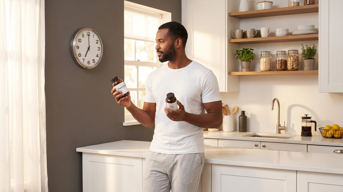 man in his mid-30s with warm dark complexion wearing a clean white t-shirt and light grey joggers — Natural Rhythm Nutrition