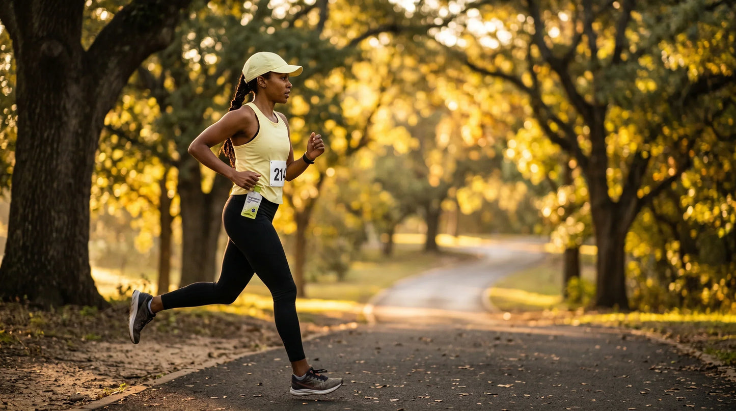 woman in her early 30s with warm East African complexion and braided hair tucked under a pale yellow running cap - Natural Rhythm Nutrition