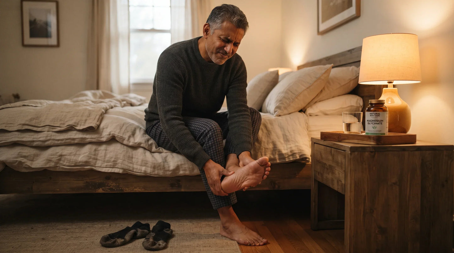 man in his late 50s with medium warm complexion sitting on the edge of his bed in low morning light - Natural Rhythm Nutrition