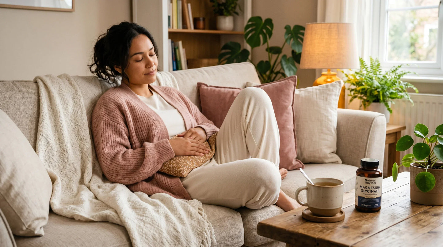 woman in her late 20s with warm light-olive complexion wearing a soft rose-blush oversized knit cardigan and ivory loung — Natural Rhythm Nutrition