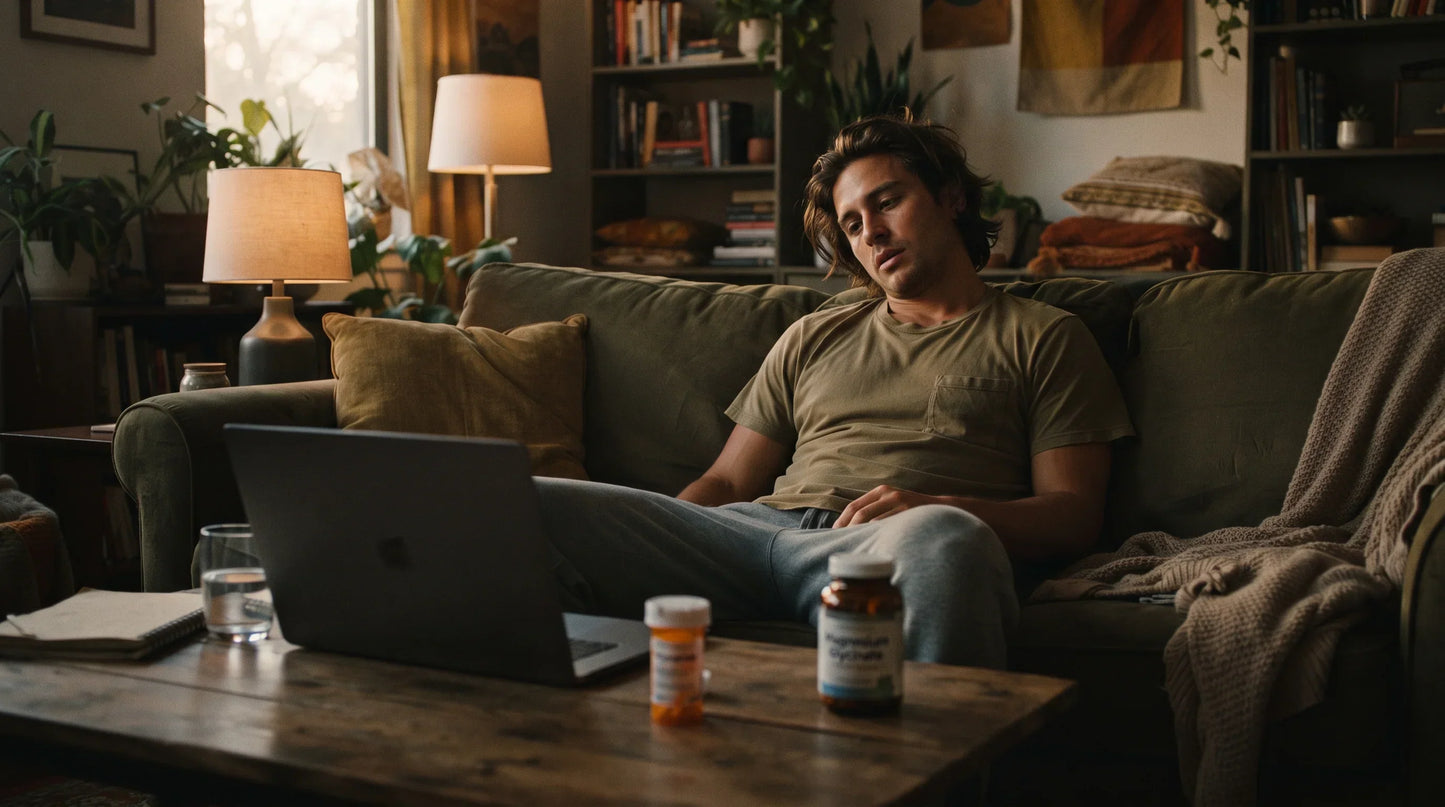 man in his late 20s with warm light tan complexion and medium-length tousled dark hair - Natural Rhythm Nutrition