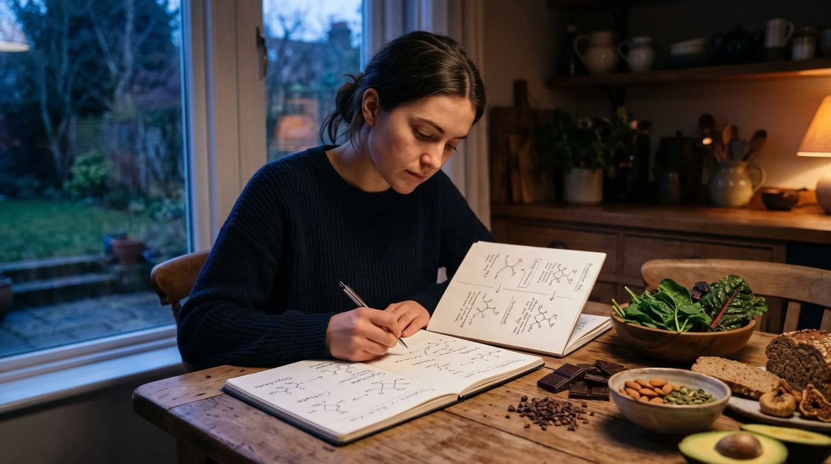 A nutrition student comparing handwritten diagrams of magnesium forms beside magnesium-rich foods - Natural Rhythm Nutrition