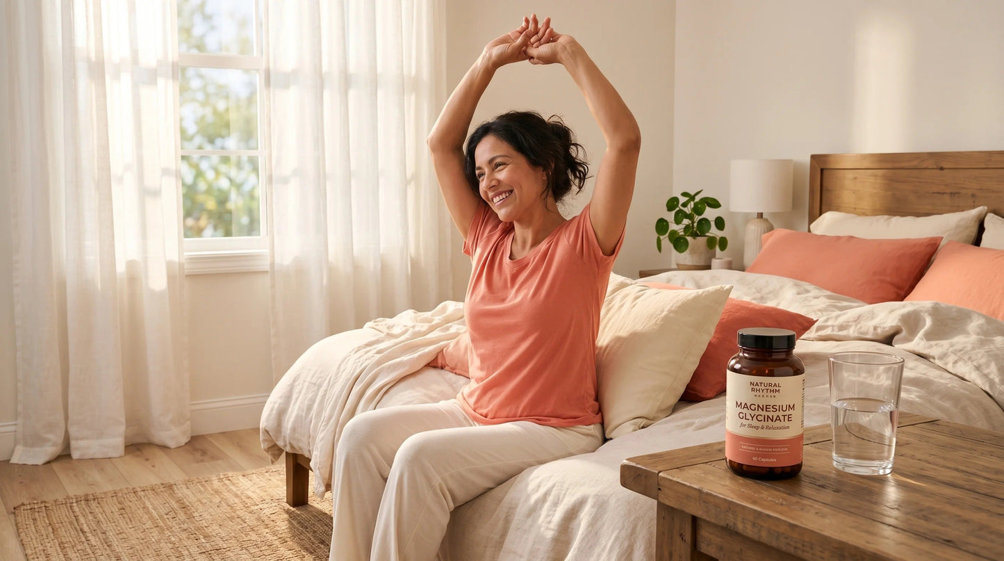 woman in her early 40s with warm Hispanic complexion wearing a soft coral sleep top and ivory pyjama bottoms — Natural Rhythm Nutrition