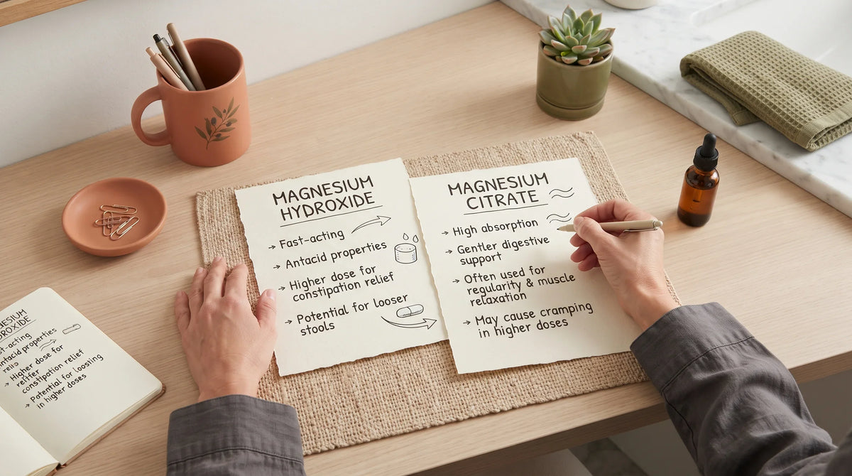 An adult comparing two handwritten magnesium form charts at a calm bathroom-side desk - Natural Rhythm Nutrition