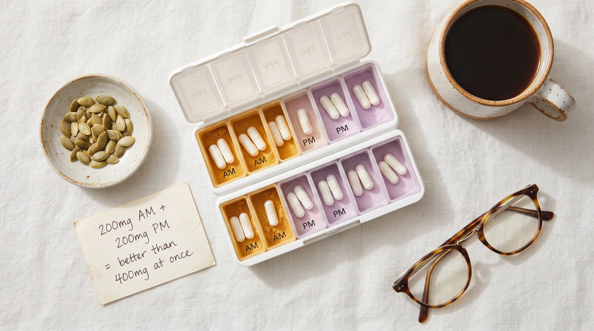 carefully styled top-down composition on a white linen surface: a 7-day pill organizer open with AM and PM compartments - Natural Rhythm Nutrition