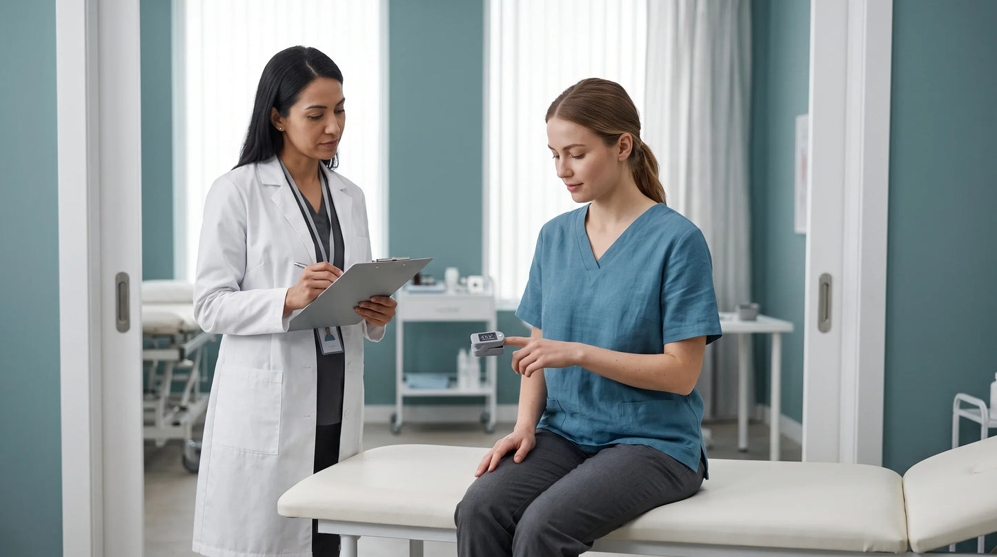 An adult using a heart-rate monitor while seated after a careful standing test with a clinician nearby - Natural Rhythm Nutrition