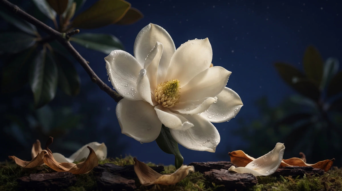 close-up of a single white magnolia flower in full bloom against a deep indigo night-sky background - Natural Rhythm Nutrition