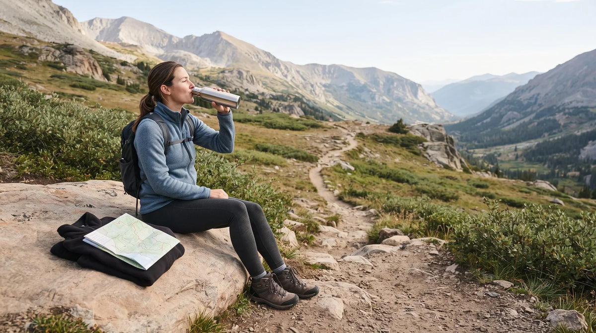 A hiker resting on a gradual mountain ascent with water - Natural Rhythm Nutrition
