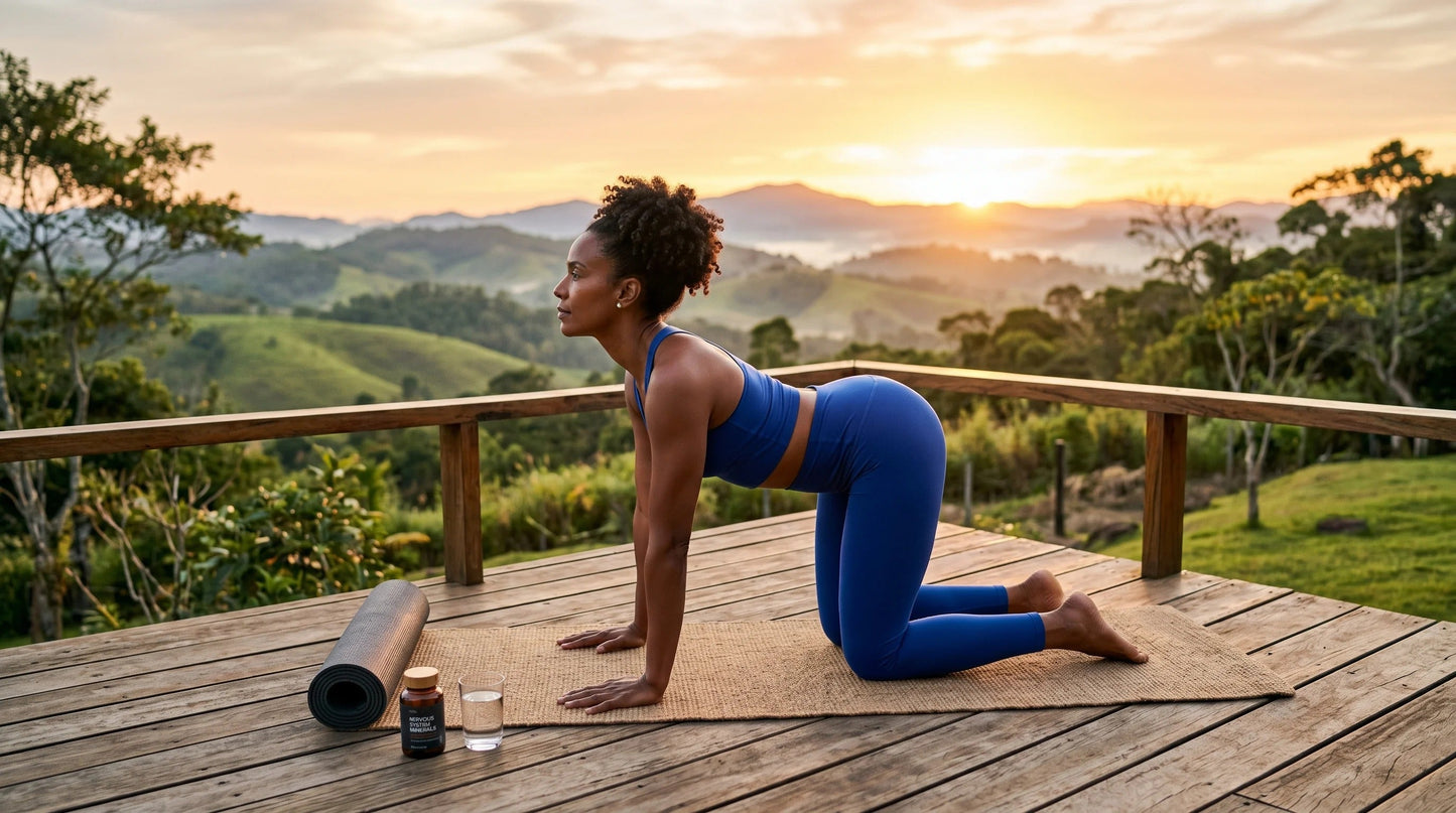 woman in her mid-40s with warm dark-brown complexion wearing a deep cobalt blue yoga crop top and high-waist leggings — Natural Rhythm Nutrition