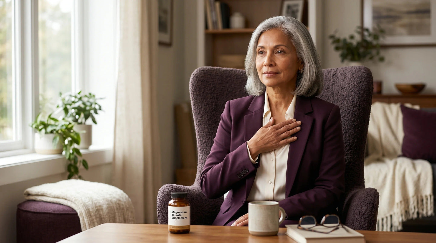 older woman in her early 60s with warm tawny complexion and neat shoulder-length grey hair wearing a structured deep-plu — Natural Rhythm Nutrition