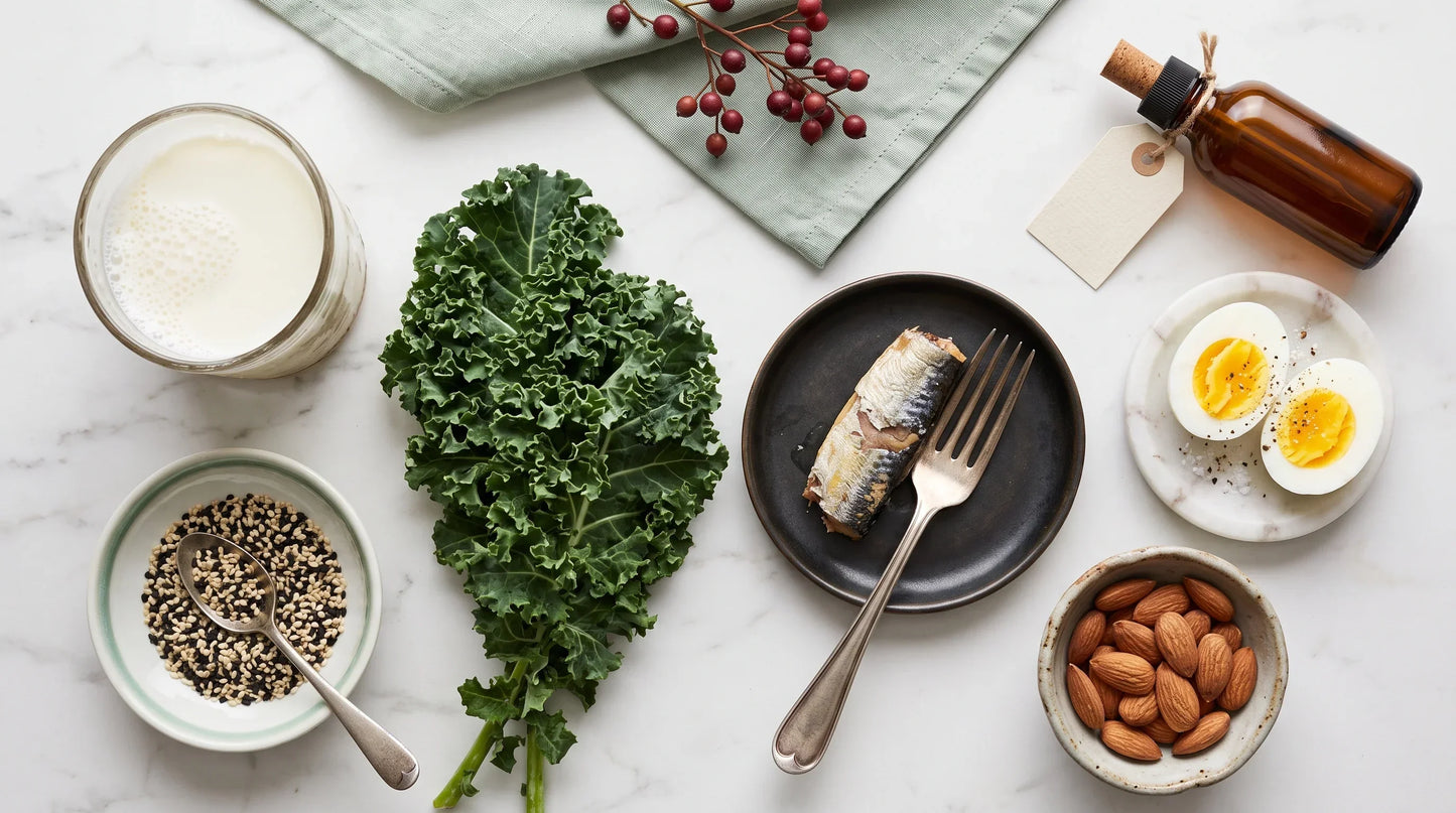 arrangement of bone-healing nutrient foods on a clean white marble surface: a glass of whole milk - Natural Rhythm Nutrition
