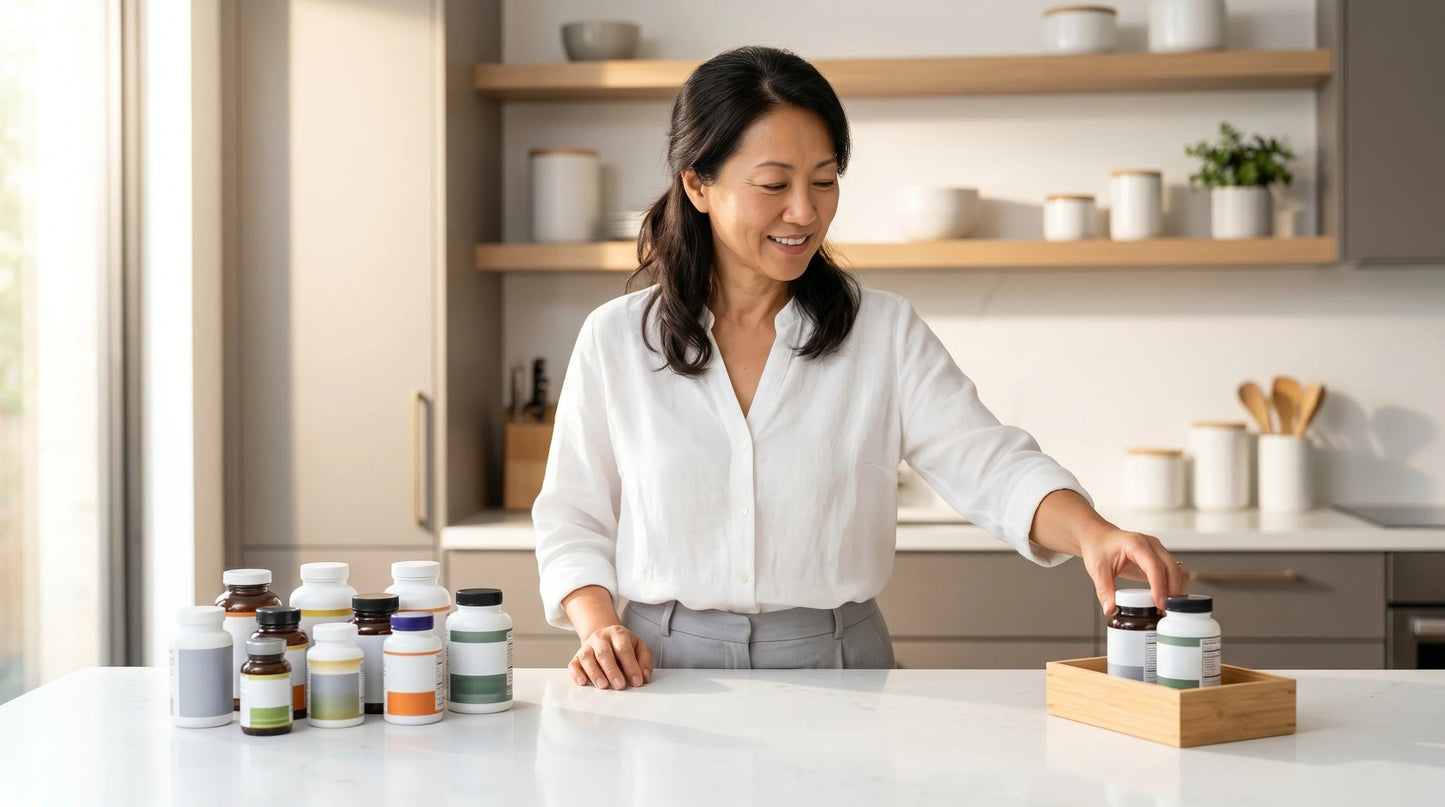 woman in her early 50s with warm East-Asian complexion wearing a minimalist white linen blouse and soft grey trousers — Natural Rhythm Nutrition