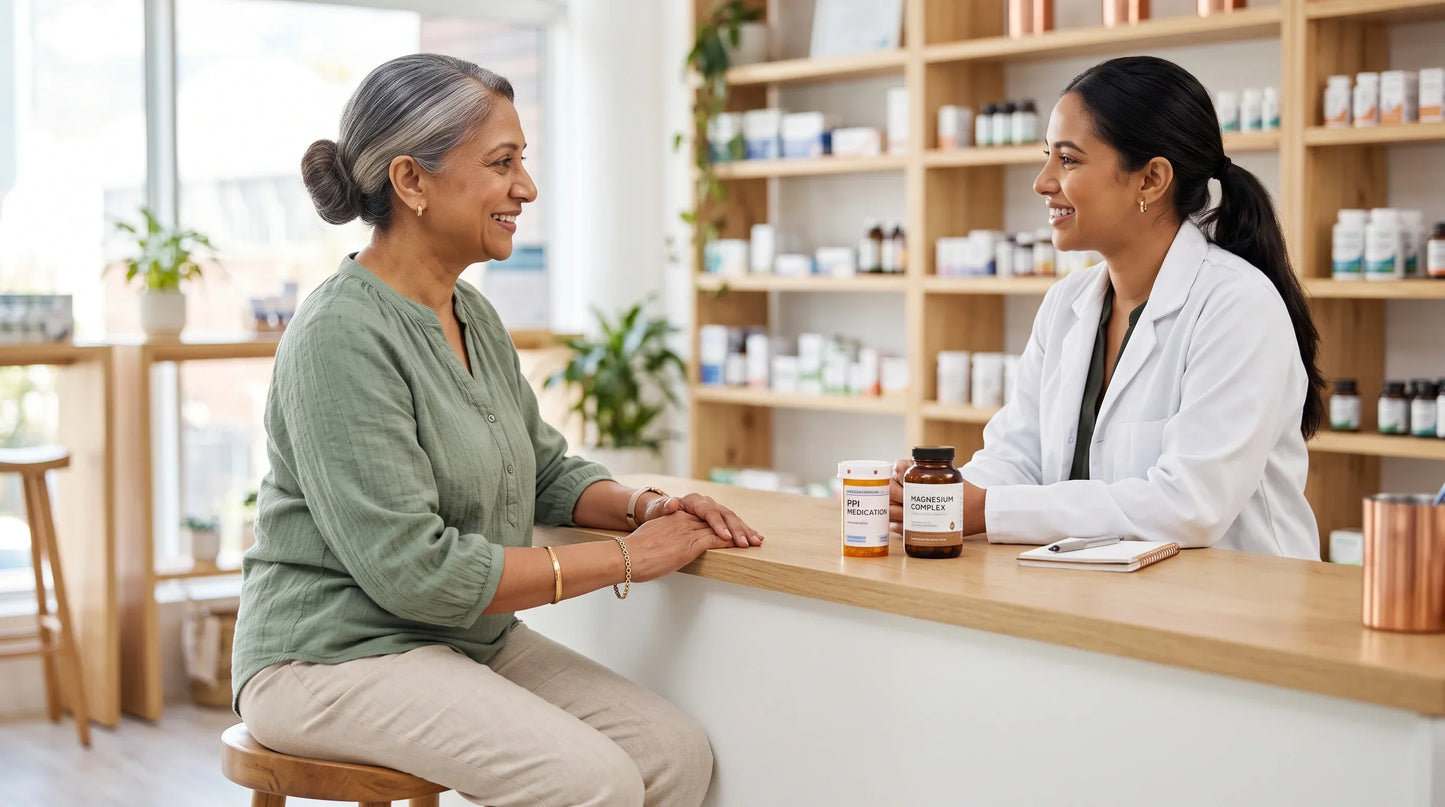 woman in her early 60s with warm South Asian complexion and grey-streaked hair in a neat bun - Natural Rhythm Nutrition