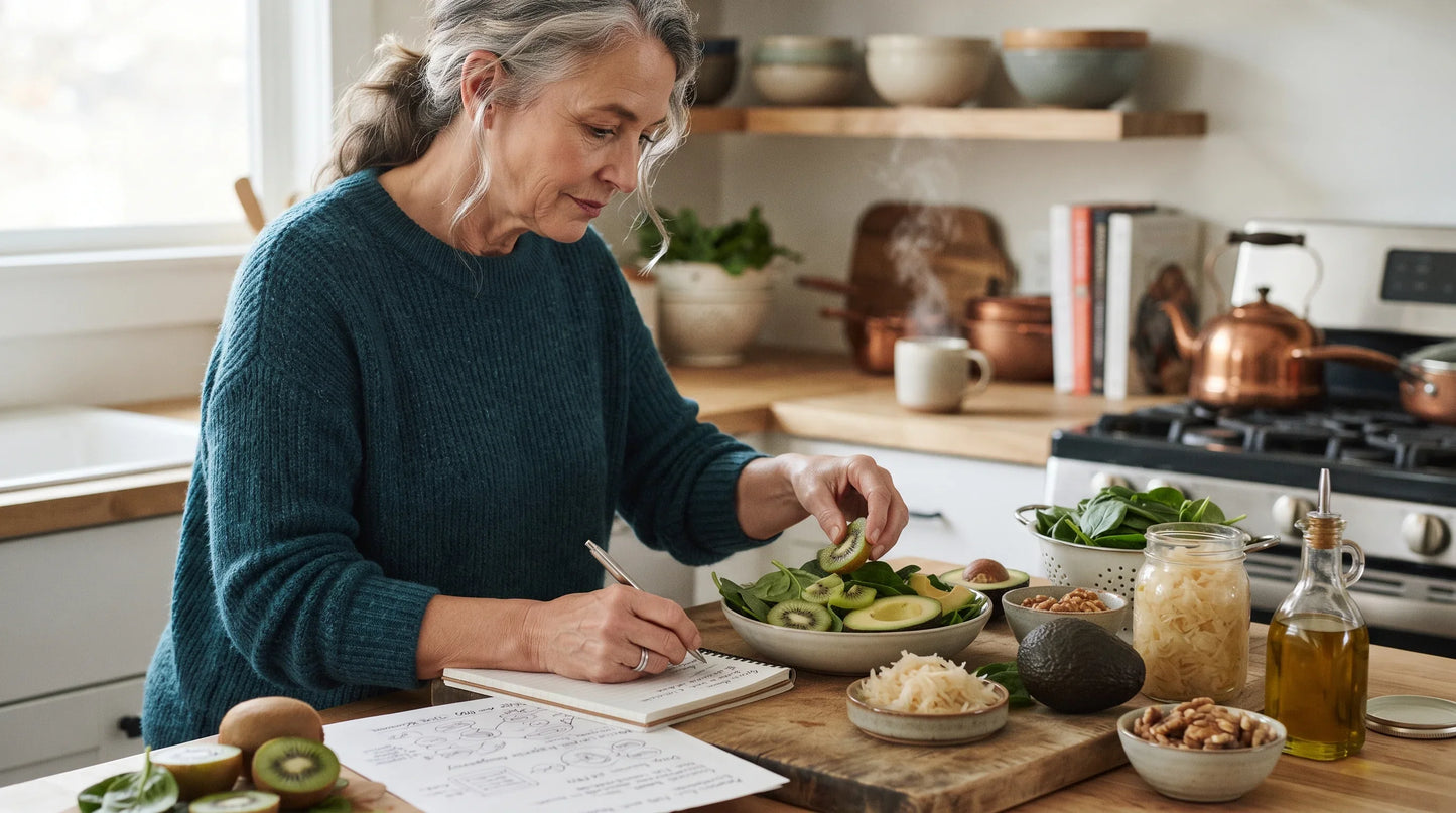 A thoughtful older adult preparing a meal with kiwi - Natural Rhythm Nutrition