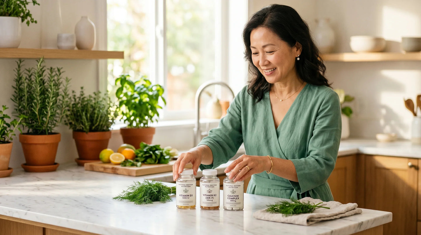 woman in her mid-50s with warm golden East Asian complexion wearing a soft jade green wrap dress and pearl stud earrings - Natural Rhythm Nutrition