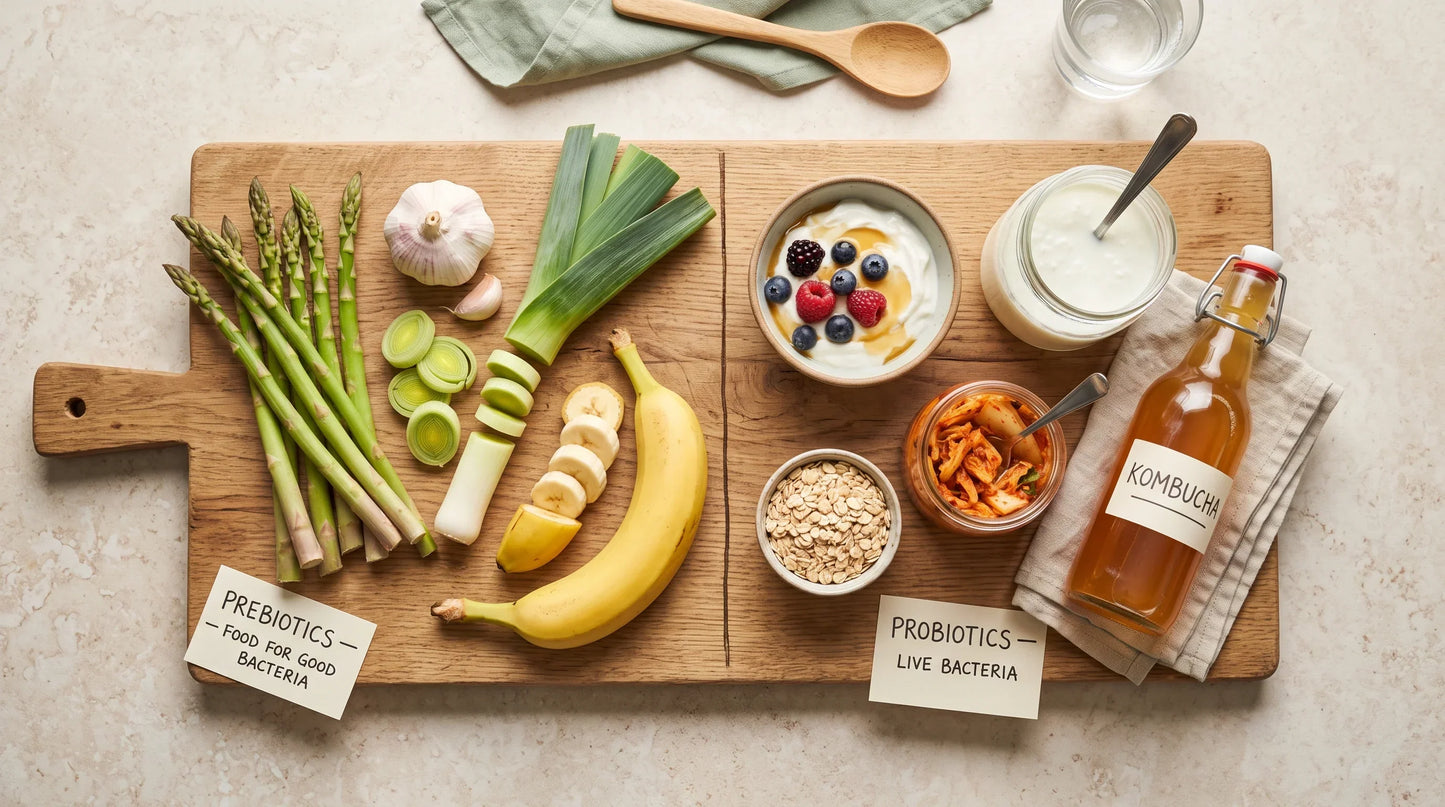 wide wooden cutting board on a light stone surface with a clear visual split: left half holds prebiotic foods (asparagus - Natural Rhythm Nutrition