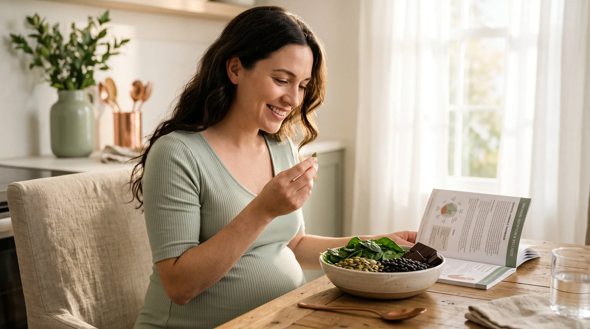 pregnant woman in her early 30s with cool light complexion and dark wavy hair loose over one shoulder - Natural Rhythm Nutrition