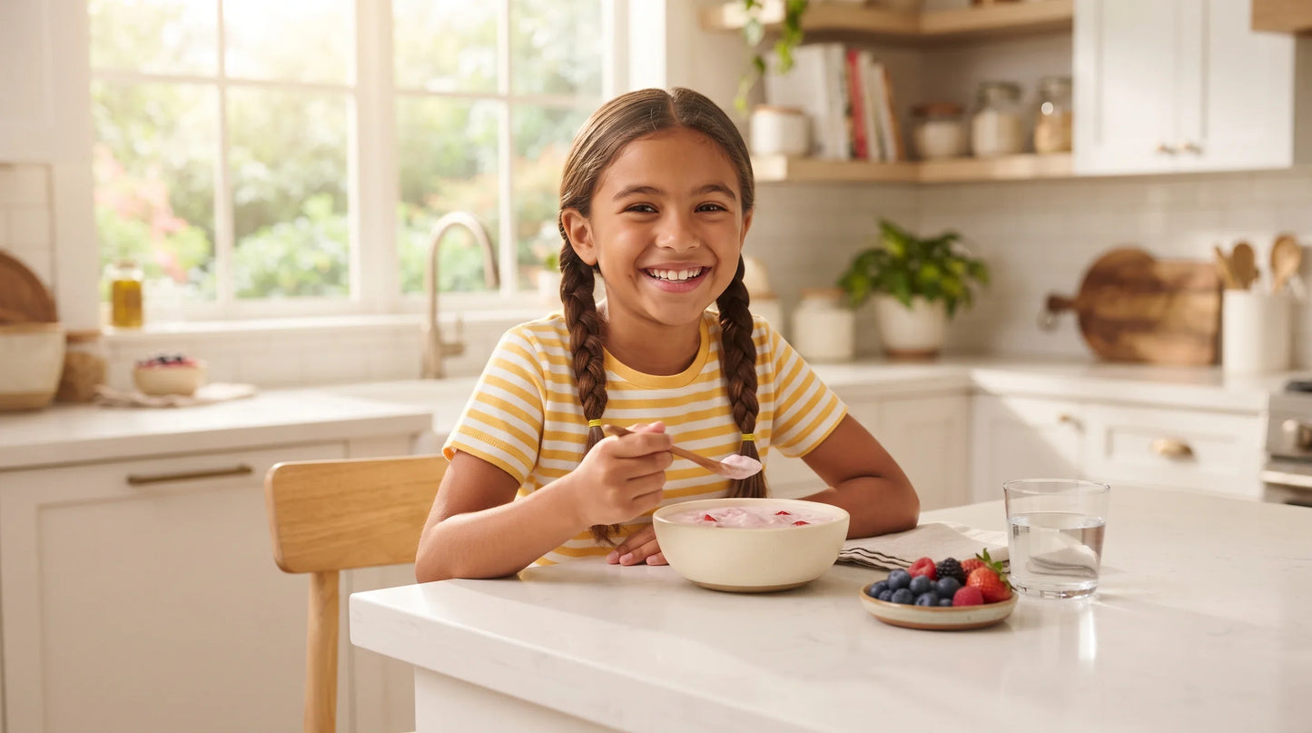 girl around 7 years old with warm golden complexion and two loose pigtails - Natural Rhythm Nutrition